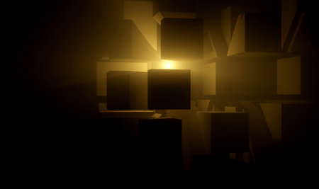 A dark room with a light shining on a stack of boxes. Scene is mysterious and intriguingの写真素材