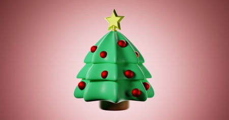 A green Christmas tree with red Christmas balls and a star on top. The tree is sitting on a pink background. Lowpoly 3d fluffy style with pastel colorsの写真素材