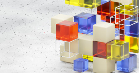 A colorful cube structure with a white background. The cubes are made of glass and are arranged in a...