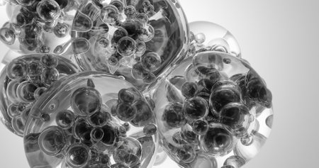 A close up of a bunch of small liquid spheres with bubbles. The spheres are all different sizes and are scattered throughout the glass. The image has a somewhat abstract and surreal feel to itの写真素材