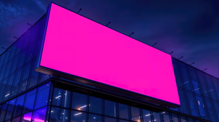 A large blank billboard is lit up against a dark sky. The billboard is empty, but the pink color and the contrast with the dark sky create a sense of boldness and energy. Mockupの素材