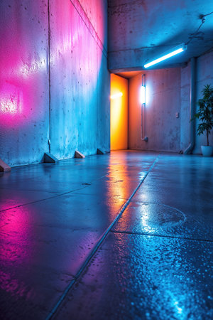 A neon colored hallway with a yellow door. The hallway is lit up with neon lights and the floor is wetの素材