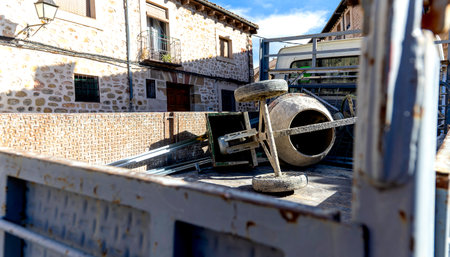A cement mixer is sitting inside a truck. The machinery is well used, but ready to continue doing...