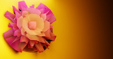 A flower with pink and yellow petals is displayed on a yellow background. The flower is made of...