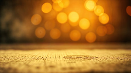 An empty space with a wooden floor and warm lights in the background. Selective focus. The photo has a warm and inviting mood and a cozy atmosphereの素材