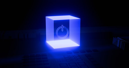 A blue crystal cube with a power button on it. The cube is lit up and is floating on a technological...
