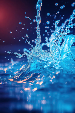 A splash of water with the water droplets reflecting the light and creating a sense of movement and energy. The image conveys a feeling of freshness and vitalityの素材