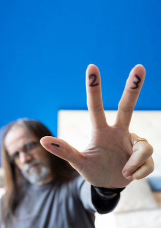 A man with a beard and glasses is holding up his hand with three fingers extended. The fingers have the numbers 1, 2, and 3 drawn on themの写真素材