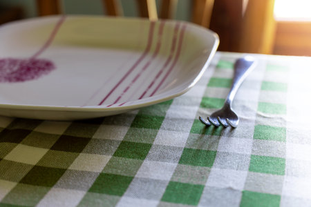 A fork and a decorated dish are on a green and white checkered tablecloth. Warm light comes in...