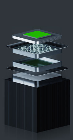 High-tech concept image of a processor's internal structure. Top plate with chroma to customize a logo or detail. Clean, futuristic render of stacked electronic components against a dark, minimal backgroundの写真素材