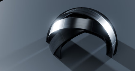 High-tech, futuristic 3D rendering of a chrome metallic abstract structure on a dark gray surface with dramatic studio lighting and shadowsの写真素材