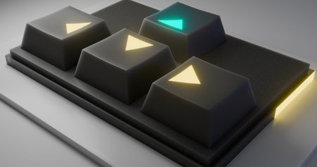 Close-up 3D render of four large square keys with directional arrows, one glowing distinctly...