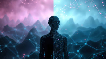 A mysterious android figure stands in a virtual landscape with pink and blue lighting representing the metaverse and future technologyの素材