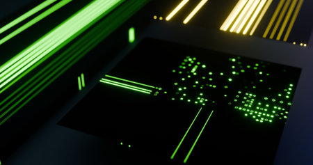 Abstract processor unit featuring luminous green data patterns and golden light trails in the backgroundの写真素材