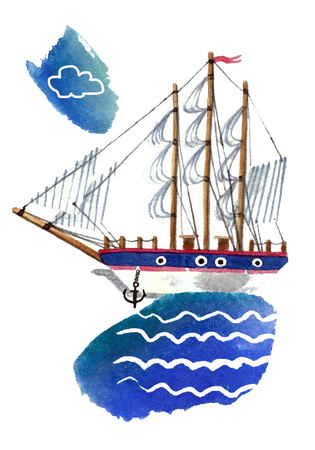 Simple ship. Watercolor paintingの写真素材