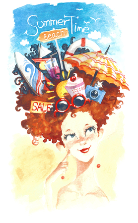 Watercolor summer girlの写真素材