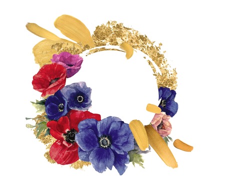 Bouquet of blue, red and pink anemones on a white background. Watercolor painting.の写真素材