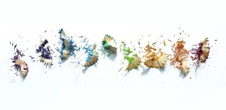 Color pencil shavings isolated on white background