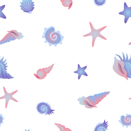 Simple seamless pattern with seashells on a white background. Colored vector illustration.のイラスト素材
