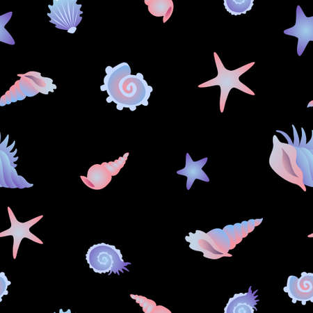 Simple seamless pattern with seashells on a black background. Colored vector illustration.のイラスト素材