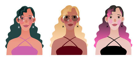 A set of pictures with three girls. Colored vector illustration with women isolated on white...