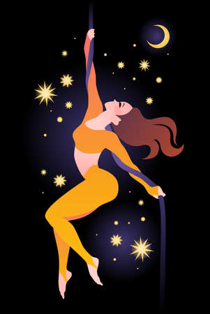 Girl gymnast on the rope against the background of the night sky and stars. Simple color vector illustrationのイラスト素材