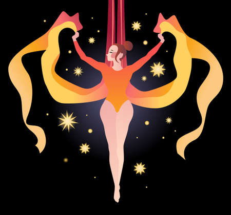 Girl gymnast on aerial silk against the background of the night sky and stars. Simple color vector illustrationのイラスト素材