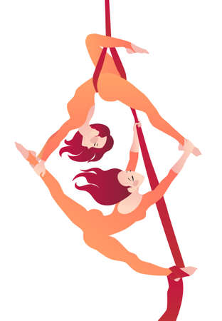 Two girls gymnasts on aerial silks. Simple vector color illustrationのイラスト素材
