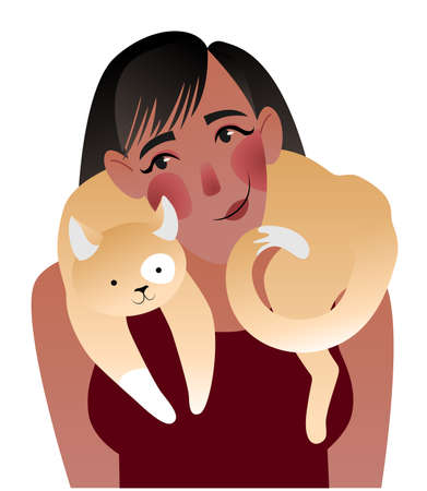 Girl with a cat on her shoulders. Colored vector illustrationのイラスト素材