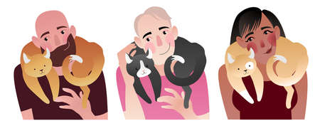 Set with characters. Girls and boys with their cats. Colored vector illustration