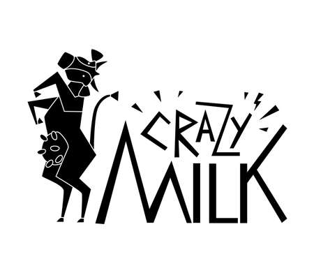 A simple black and white line drawing with a cow and the word Milk. Monochrome vector illustrationのイラスト素材
