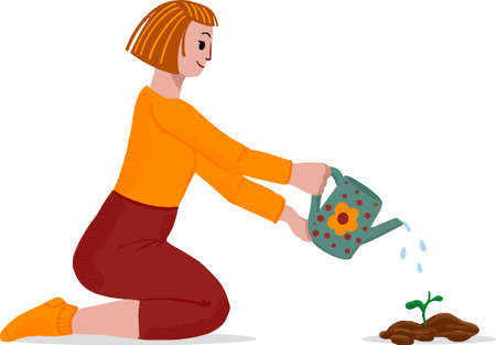 Cute vector illustration. A pretty girl waters a sprout.のイラスト素材