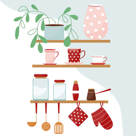 Vector illustration with kitchen shelves and kitchen utensils. A set of cups flower vase potholders.のイラスト素材