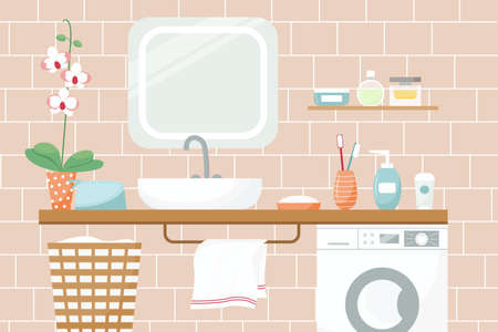 Vector illustration of a bathroom in pleasant colors. Sink, mirror flower cosmetics towel washing machine.のイラスト素材