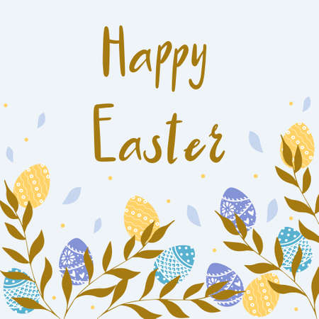 Card template with handwritten inscription Happy Easter and decorated eggs. Vector illustration....