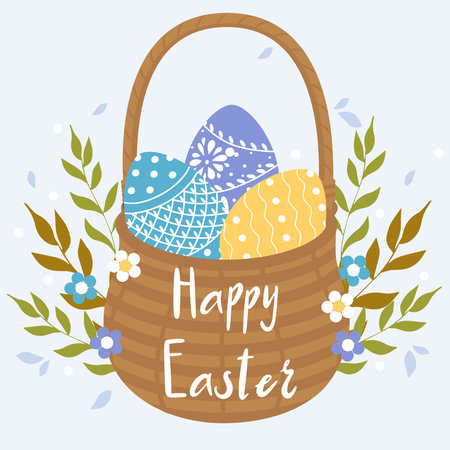Card template with handwritten inscription Happy Easter and decorated eggs in the basket. Vector illustration. Brush lettering, calligraphy. Hand drawn font. Grass, leaves and flowersのイラスト素材