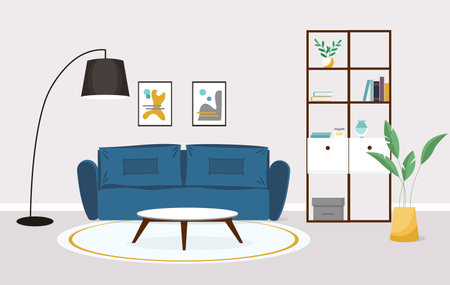 Modern living room interior. Vector banner. Design of a cozy room with a sofa, floor lamp and decor accessoriesのイラスト素材