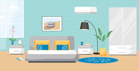 Big set vector illustration of a bedroom. The interior is painted in flat style. Cozy room with a bed, bedside tables, wardrobe, flowers, paintings on the wall, air conditioningのイラスト素材