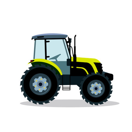 Flat tractor on a white background. Light green tractor icon - vector illustration. Agricultural tractor - farm transport in flat style. Farm tractor icon illustrationのイラスト素材