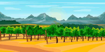 Hand drawing vector illustration. All objects are divided into layers. Poster in flat design. Beautiful rural landscape with vineyards and mountainsのイラスト素材