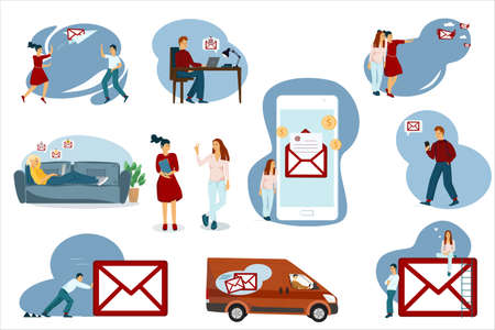 Set of vector illustrations depicts sending and receiving messages, letters, mails by phone, laptop....