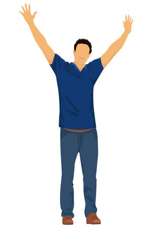 Vector illustration of a man who triumphantly raised his hands up. The portrait of happy handsome man is made in a flat style.のイラスト素材