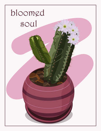 Vector illustration. Delicate picture of a mother with a baby. Blooming cactus on a pink background. Can be used as a mother's day card.のイラスト素材