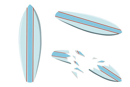Vector illustration of a colored surfboard. Surfboard crashed. Marine extreme sport. Isolated illustration on a white background.のイラスト素材