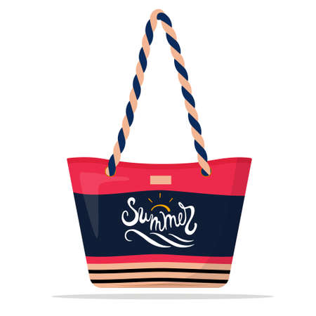 Pink and blue striped summer beach bag decorated with hand-lettering summer. Realistic vector illustration. Isolated icon pictogram.のイラスト素材