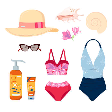 Set of beach things for women flat vector illustration. A collection of items for vacation or travel, decorated with tropical flowers. Two types of swimwear, glasses, hat, sunscreen, seashells.のイラスト素材