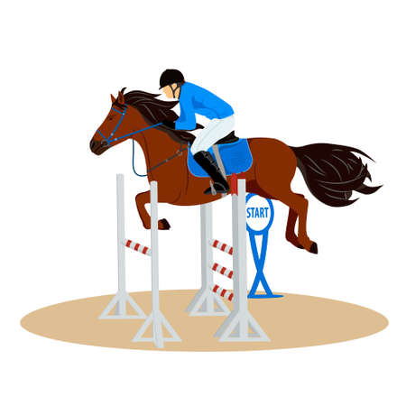 Horse with rider jumping over the barrier. Jockey on horse. Horse riding. Equestrian Sport. Isolated Vector Illustrationのイラスト素材