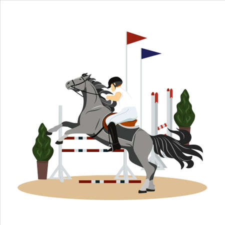 Girl performs on a horse in a competition. Jockey on horse. Horse riding. Equestrian Sport. Isolated Vector Illustration on a flat style.のイラスト素材