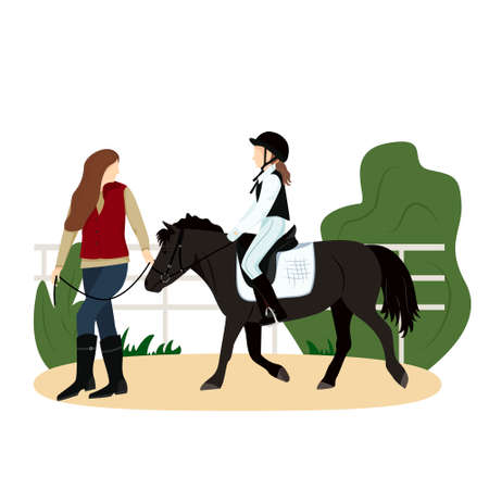 Vector illustration of equestrian sport in flat style. The girl is riding a pony. Woman leads the horse under the knots. Realistic image. Horseback riding. Horse riding lessonsのイラスト素材