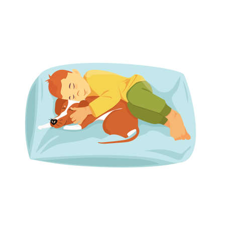 Cute vector illustration in flat style. Pets. The child sleeps, hugging the dog. Boy and dog are best friends.のイラスト素材